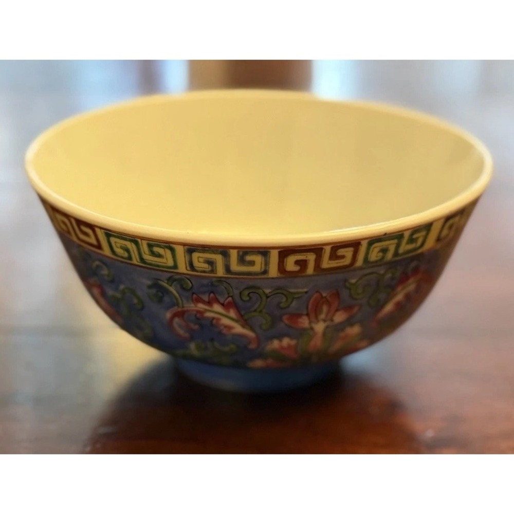 Vintage Mun Shou Longevity Porcelain Rice Bowl Blue Famille Rose Hand-Painted - Picture 3 of 5